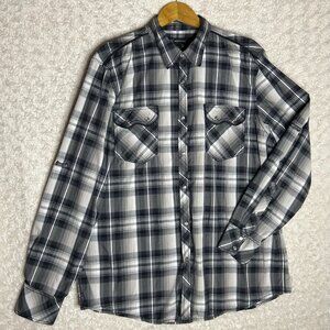 International Concepts Flannel Pearl Snap Shirt Black White & Grey Plaid Size XL
